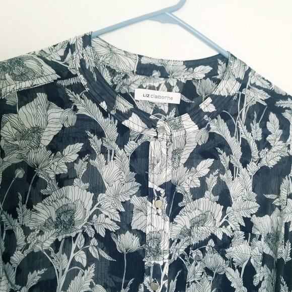 Liz Claiborne Navy White Floral Sheer Button Up Long Slv Size See Measurement's - Picture 2 of 8